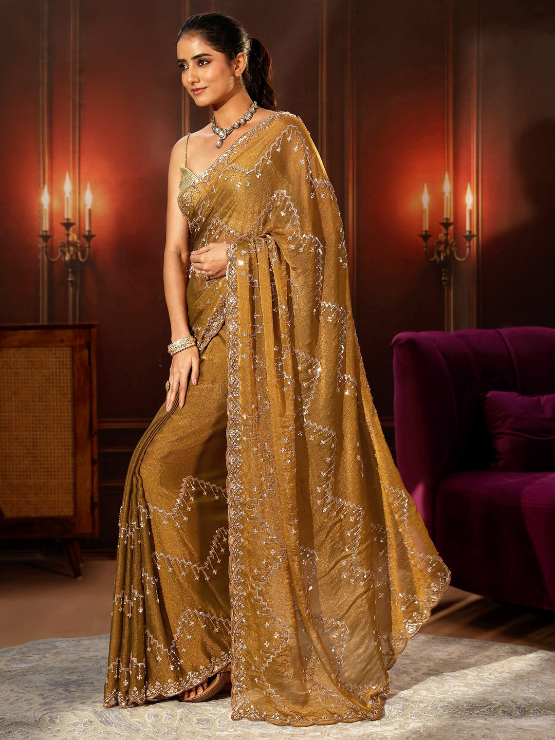  Libas Art Rust Brown Embellished Tissue Saree 