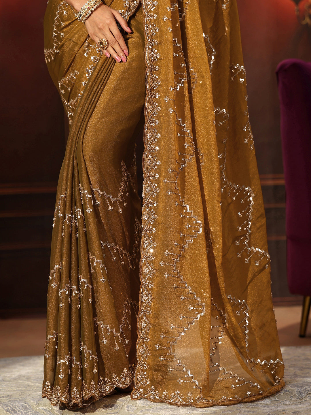  Libas Art Rust Brown Embellished Tissue Saree 