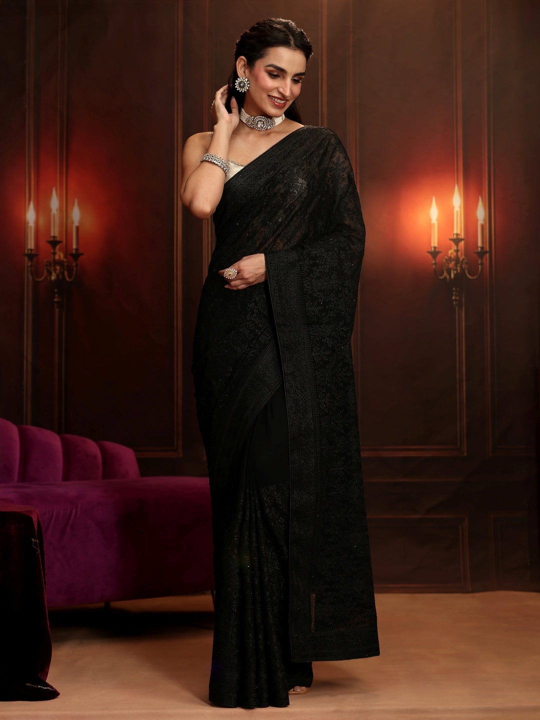 Libas Art Black Floral Embroidered Georgette Saree 