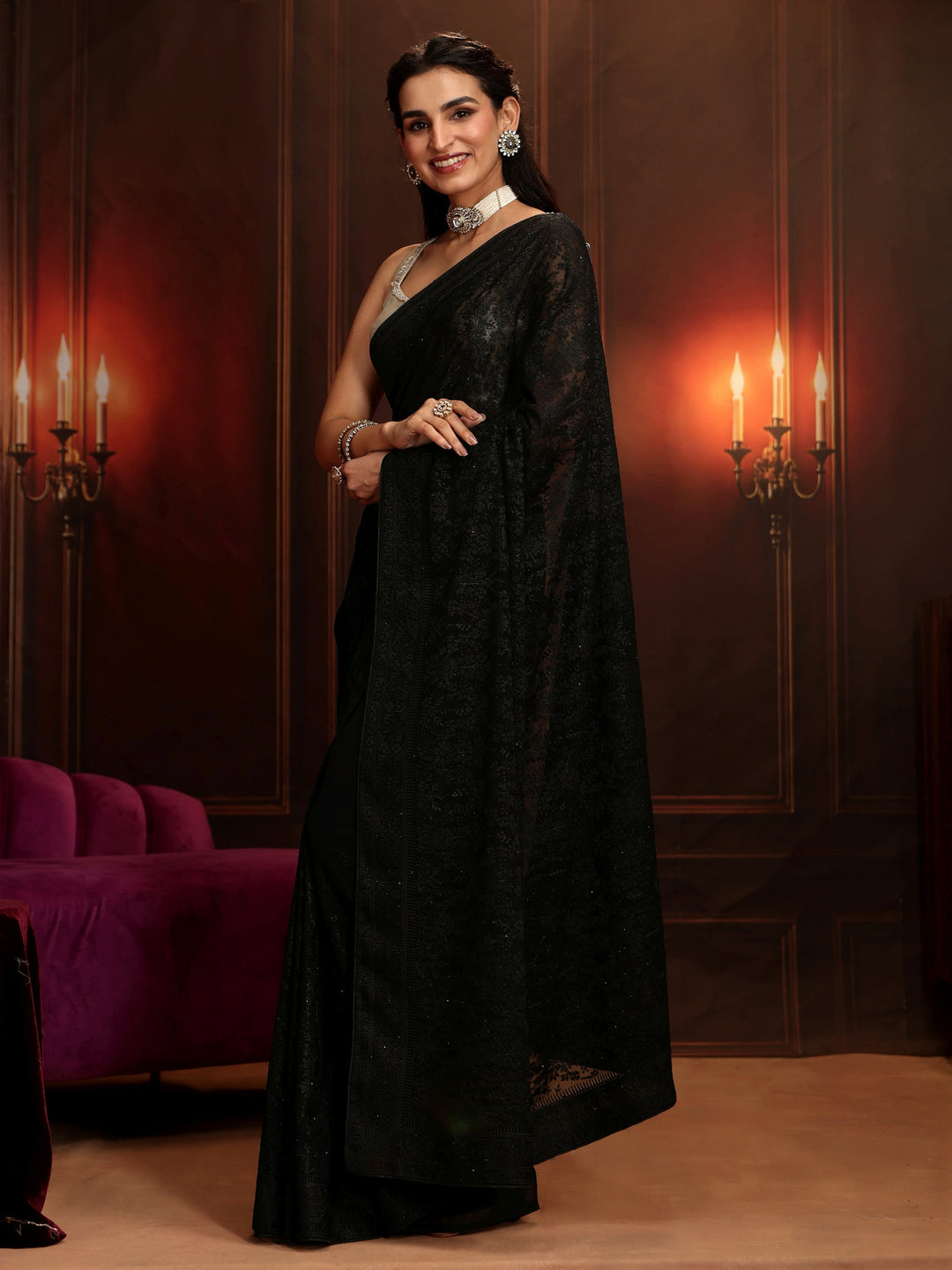 Libas Art Black Floral Embroidered Georgette Saree 