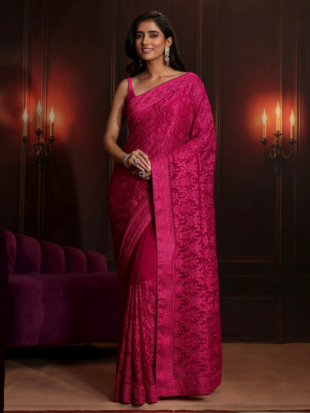  Libas Art Rani Pink Floral Embroidered Georgette Saree 