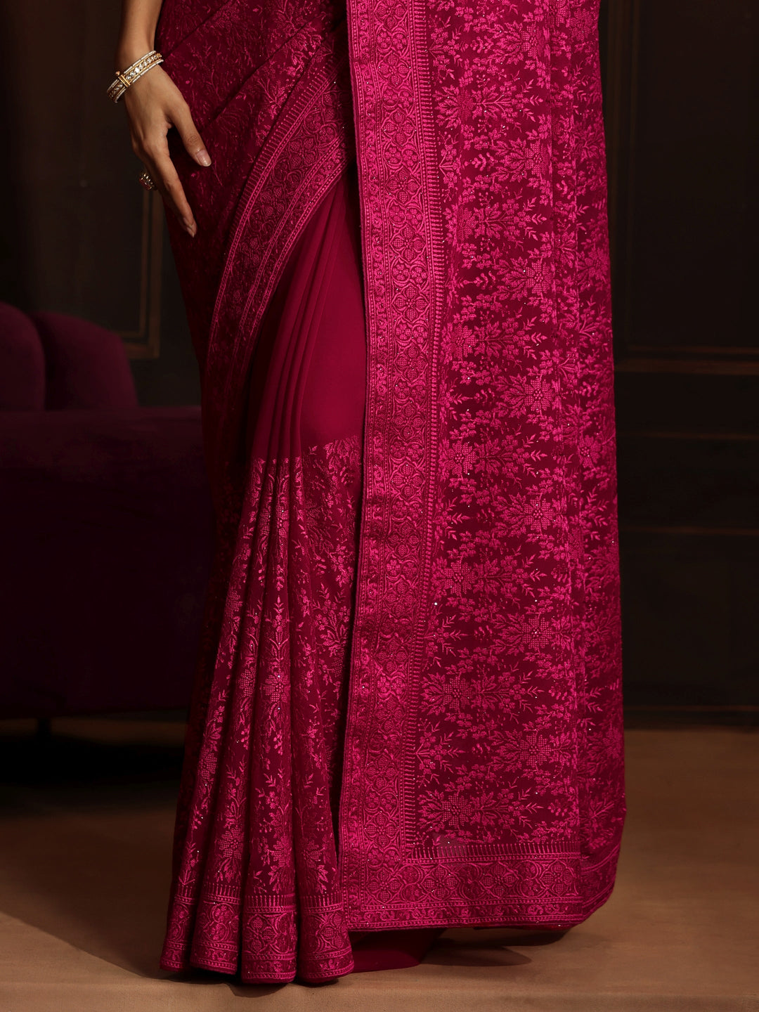  Libas Art Rani Pink Floral Embroidered Georgette Saree 
