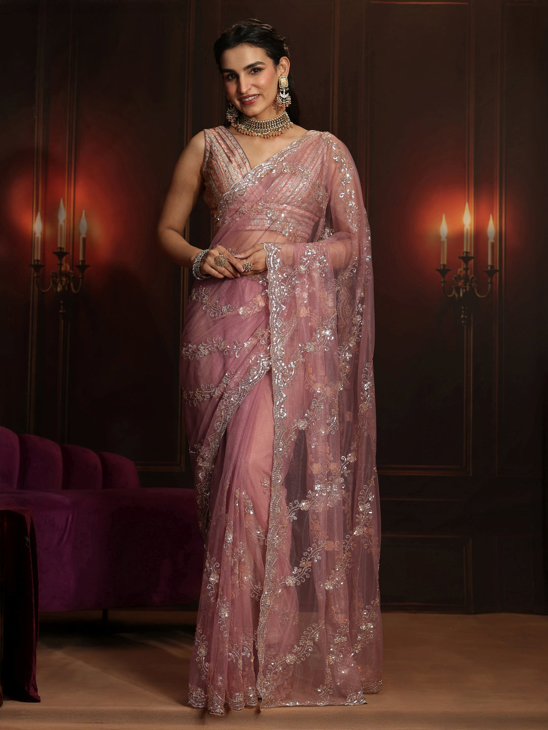  Libas Art Dusty Rose Pink Embellished Net Saree 