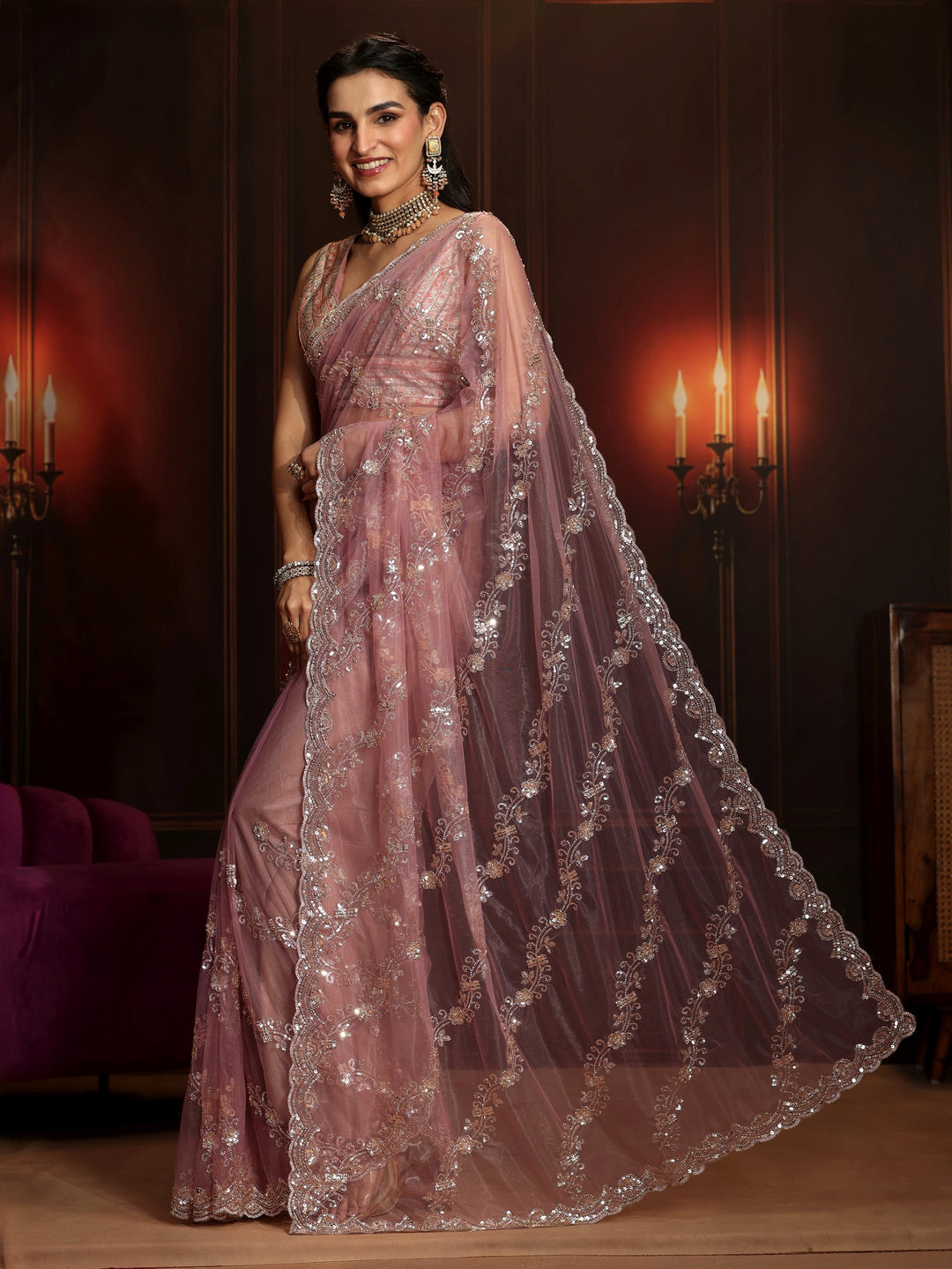  Libas Art Dusty Rose Pink Embellished Net Saree 