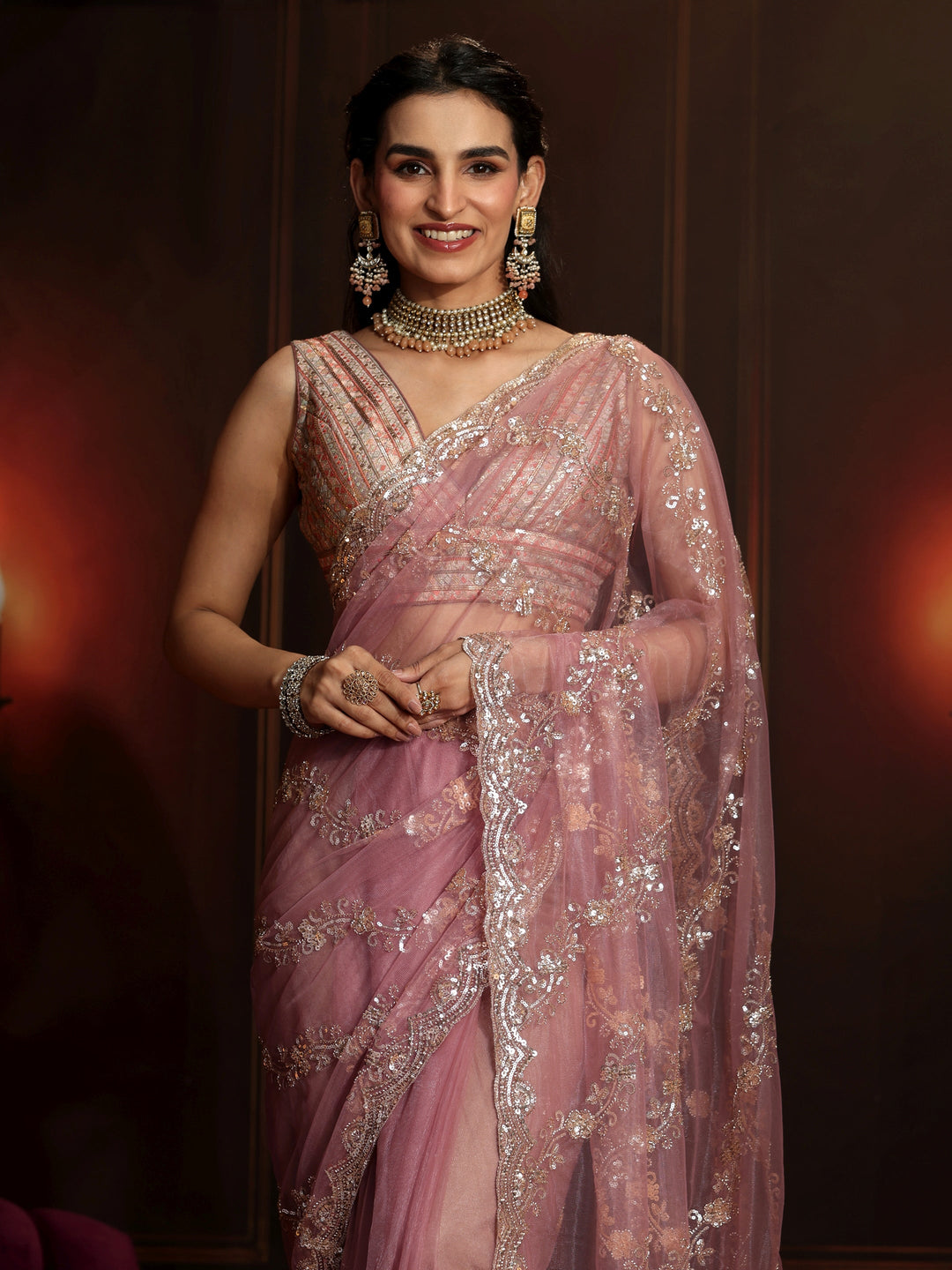 Libas Art Dusty Rose Pink Embellished Net Saree 