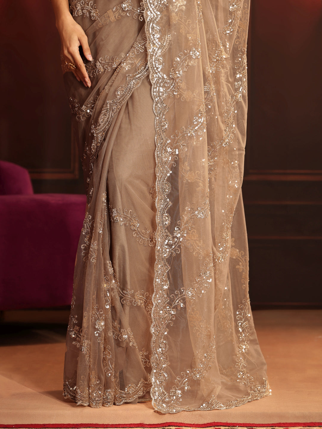  Libas Art Taupe Embellished Net Saree 