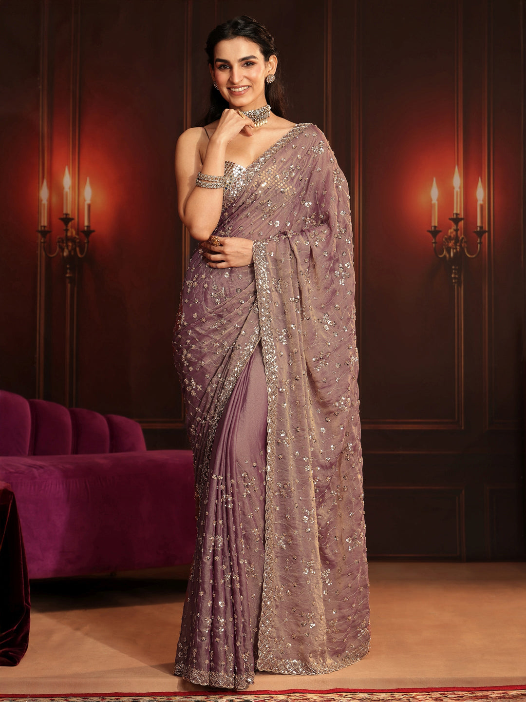  Libas Art Dusty Lavender Embellished Tissue Saree 