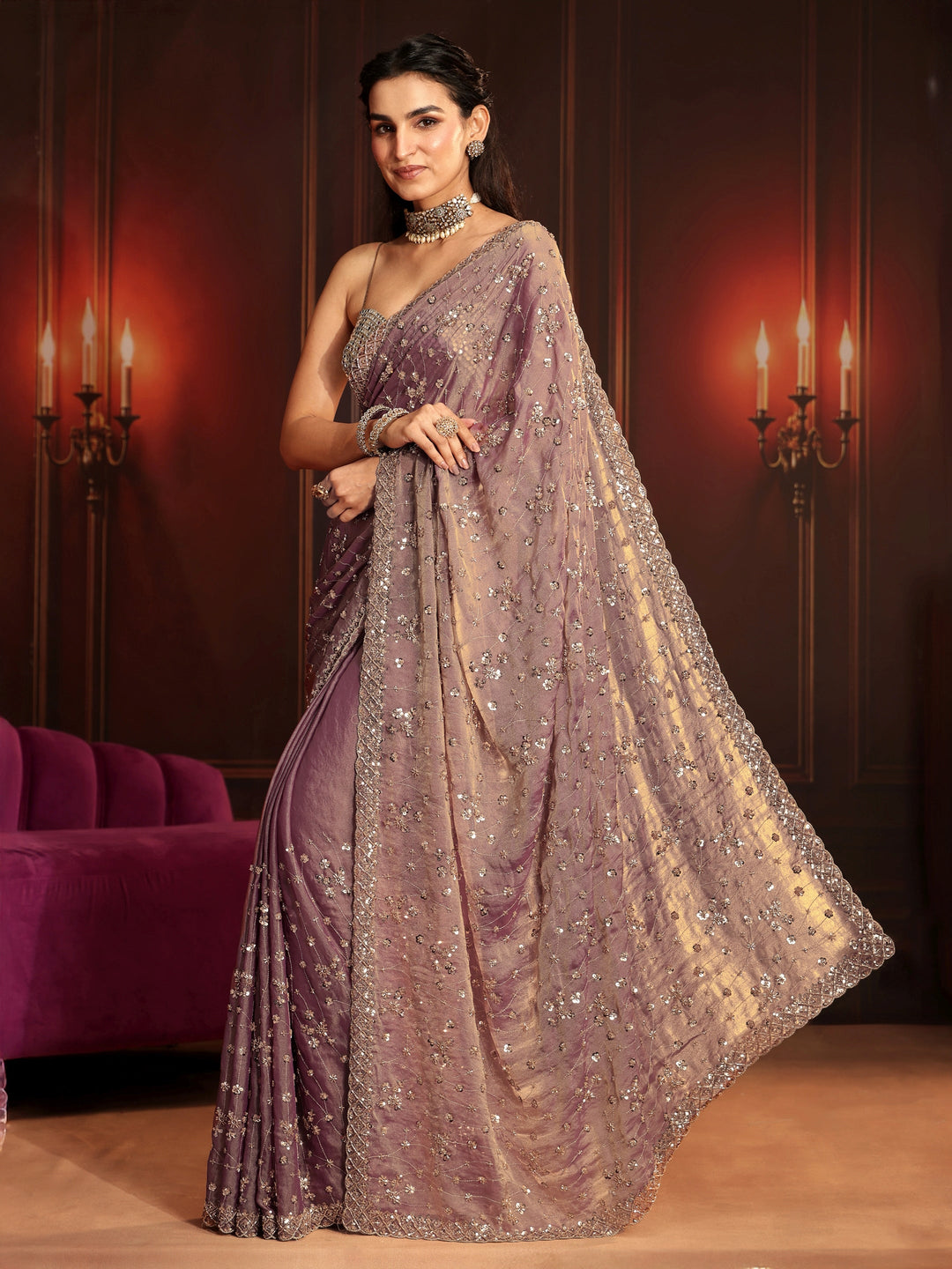  Libas Art Dusty Lavender Embellished Tissue Saree 