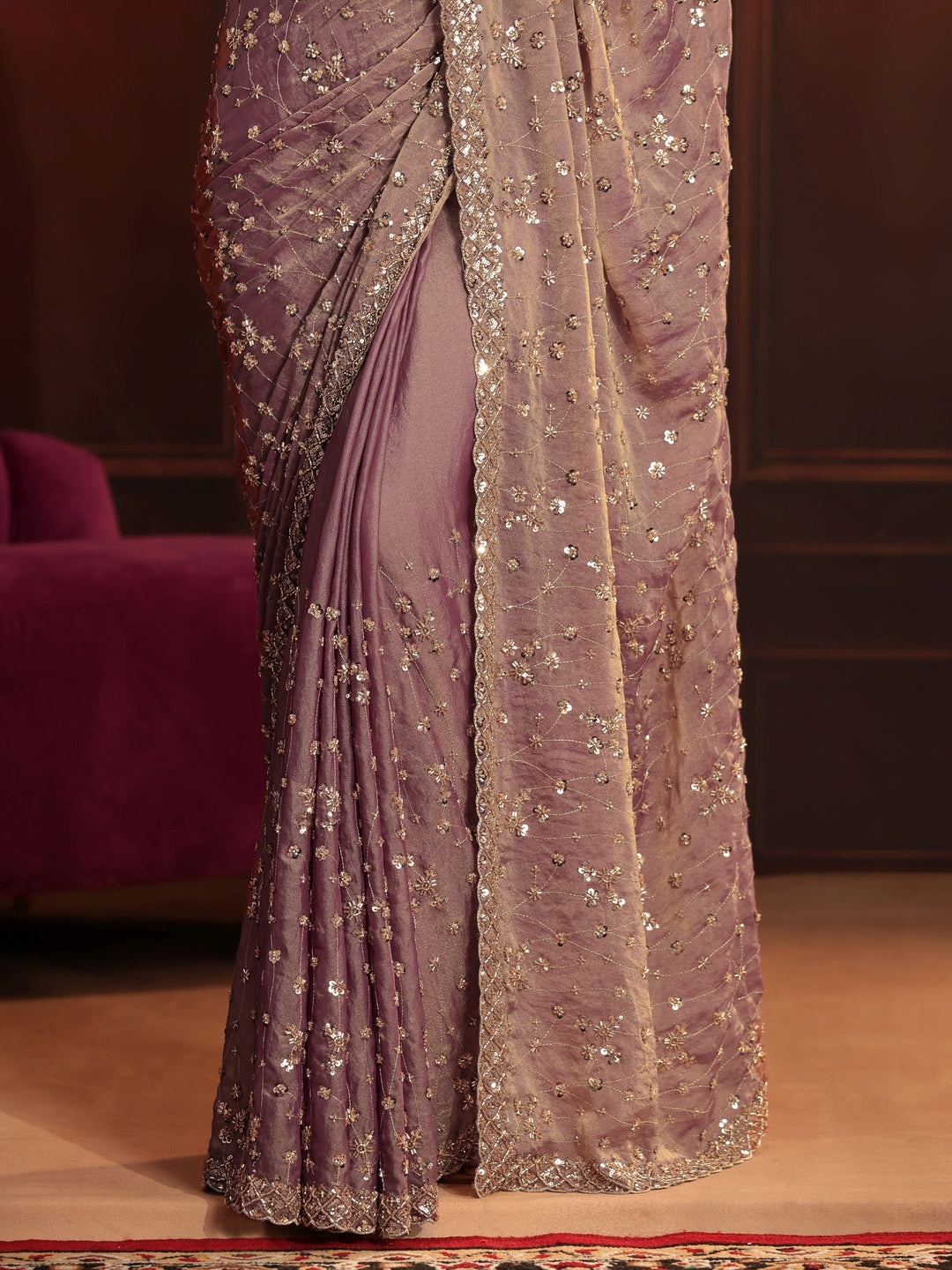  Libas Art Dusty Lavender Embellished Tissue Saree 