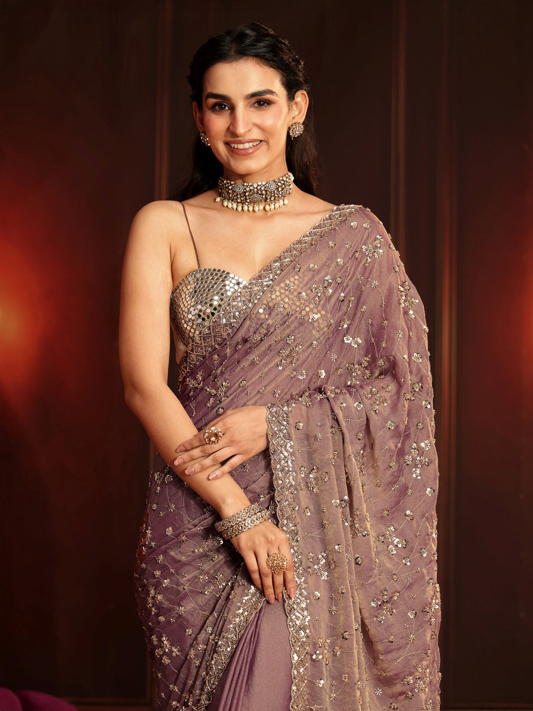  Libas Art Dusty Lavender Embellished Tissue Saree 