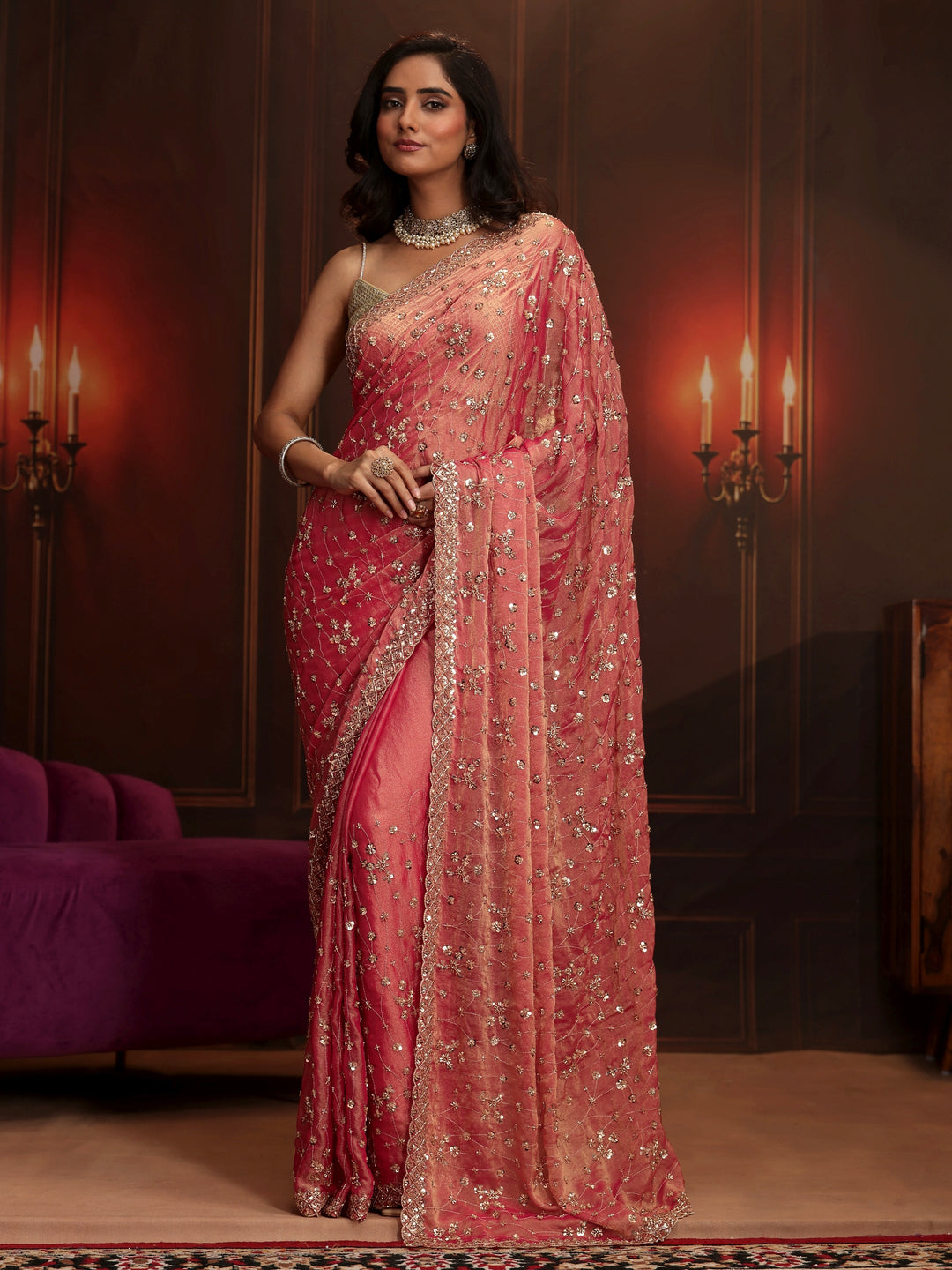 Libas Art Coral Pink Embellished Tissue Saree 