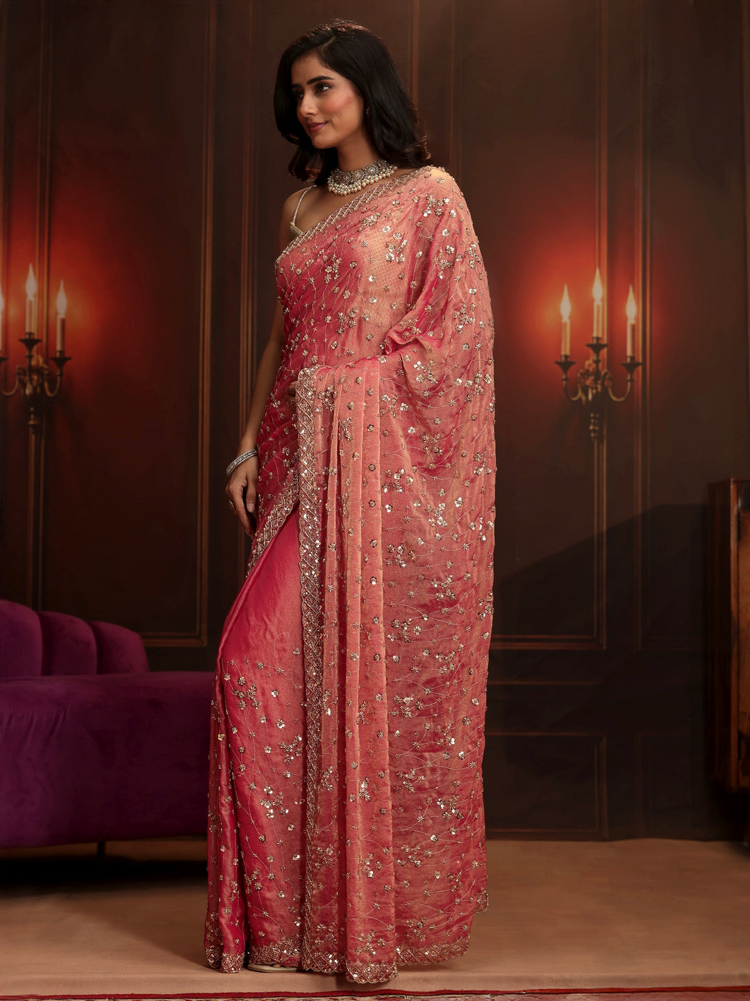  Libas Art Coral Pink Embellished Tissue Saree 