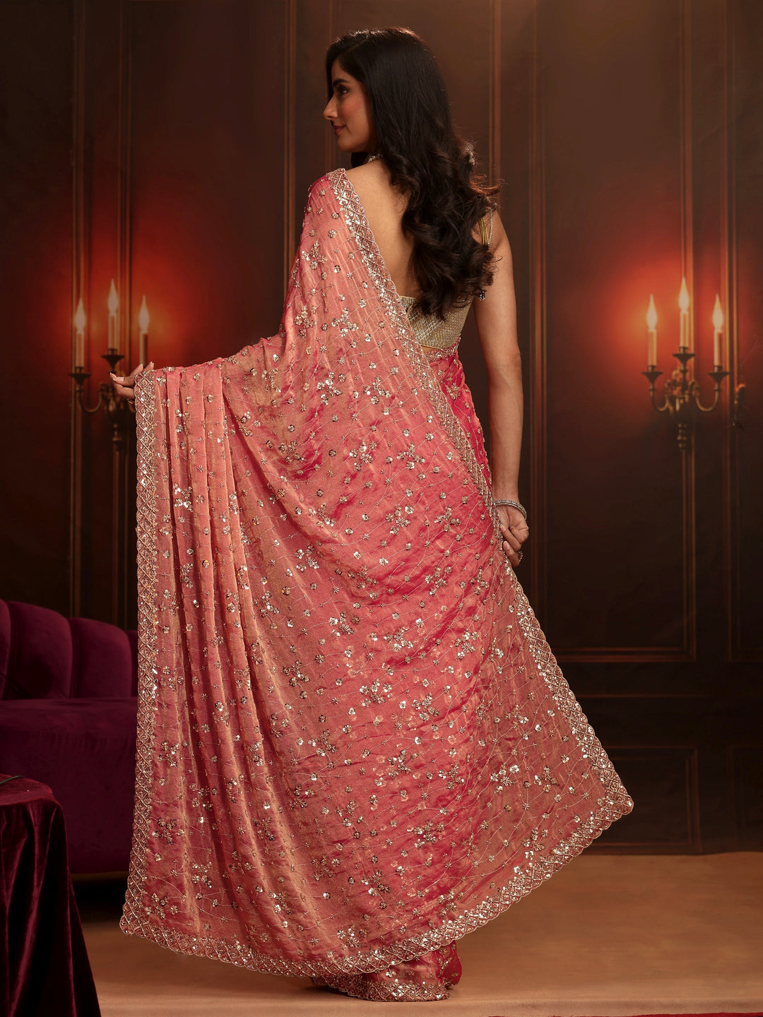  Libas Art Coral Pink Embellished Tissue Saree 