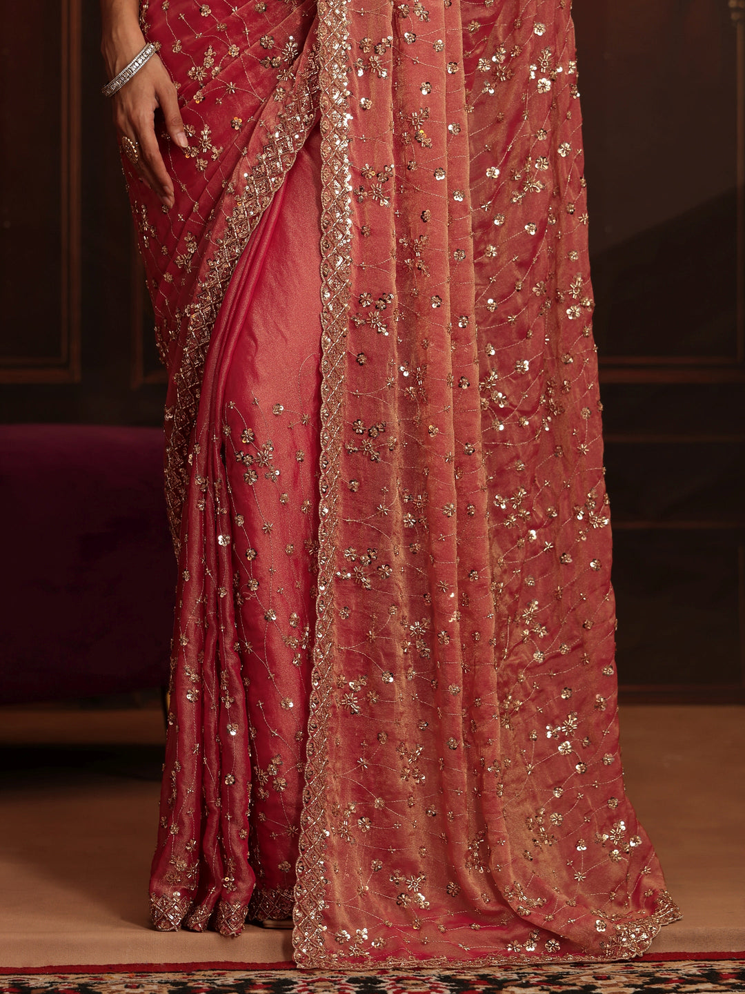  Libas Art Coral Pink Embellished Tissue Saree 