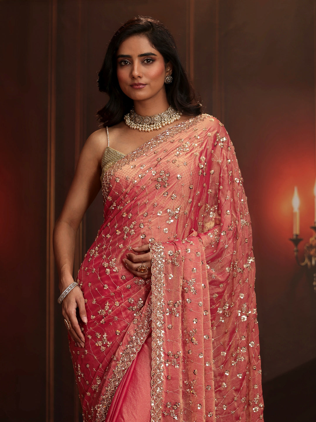  Libas Art Coral Pink Embellished Tissue Saree 
