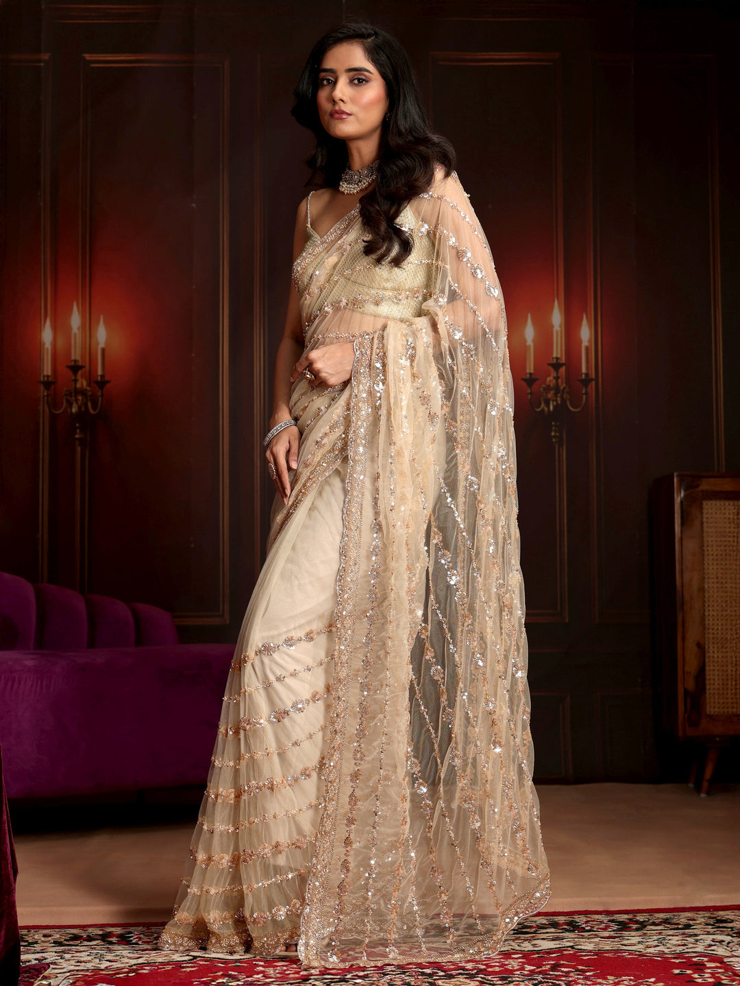  Libas Art Cream Embellished Net Saree 