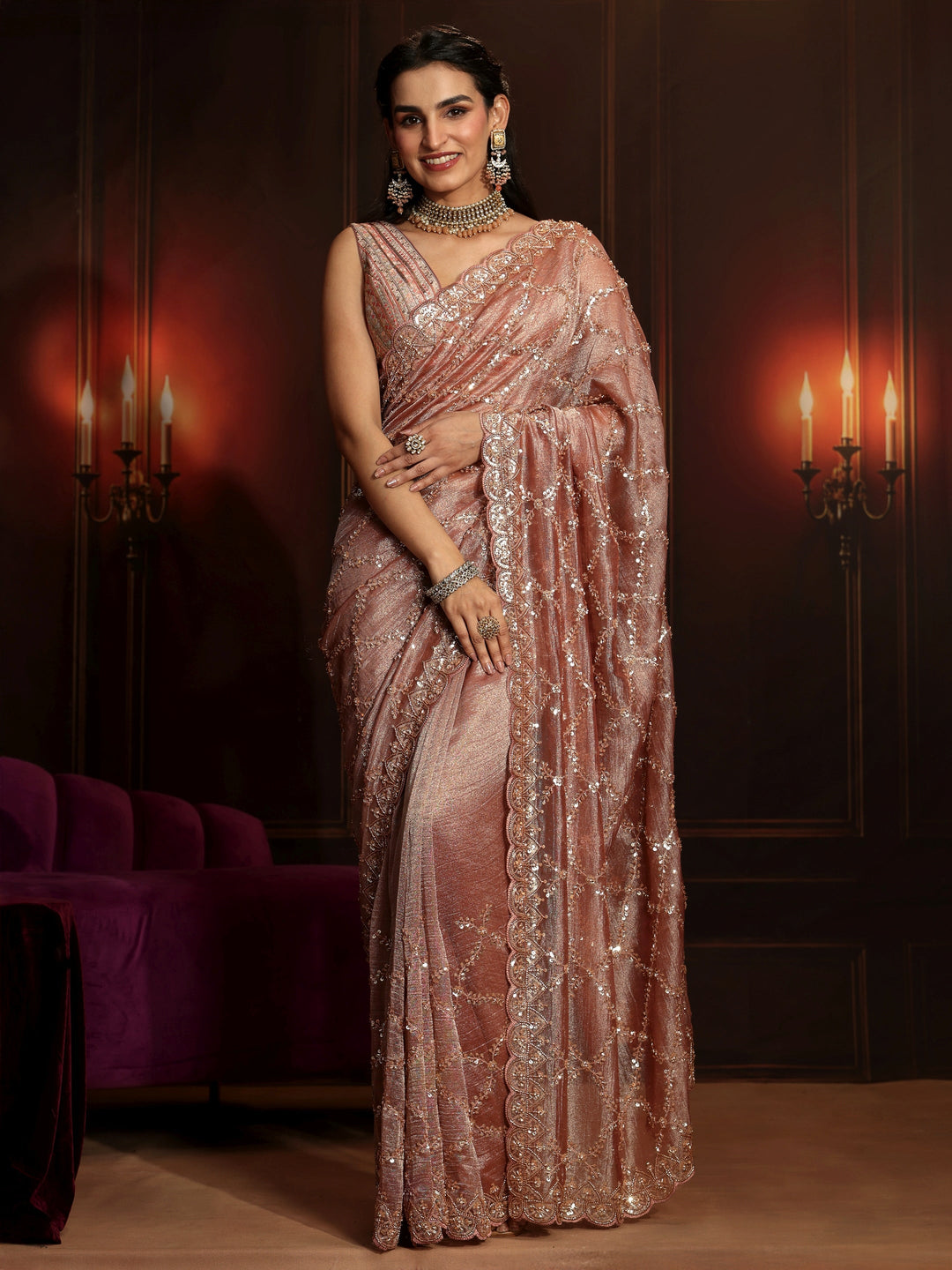  Libas Art Peach Pink Embellished Organza Saree 