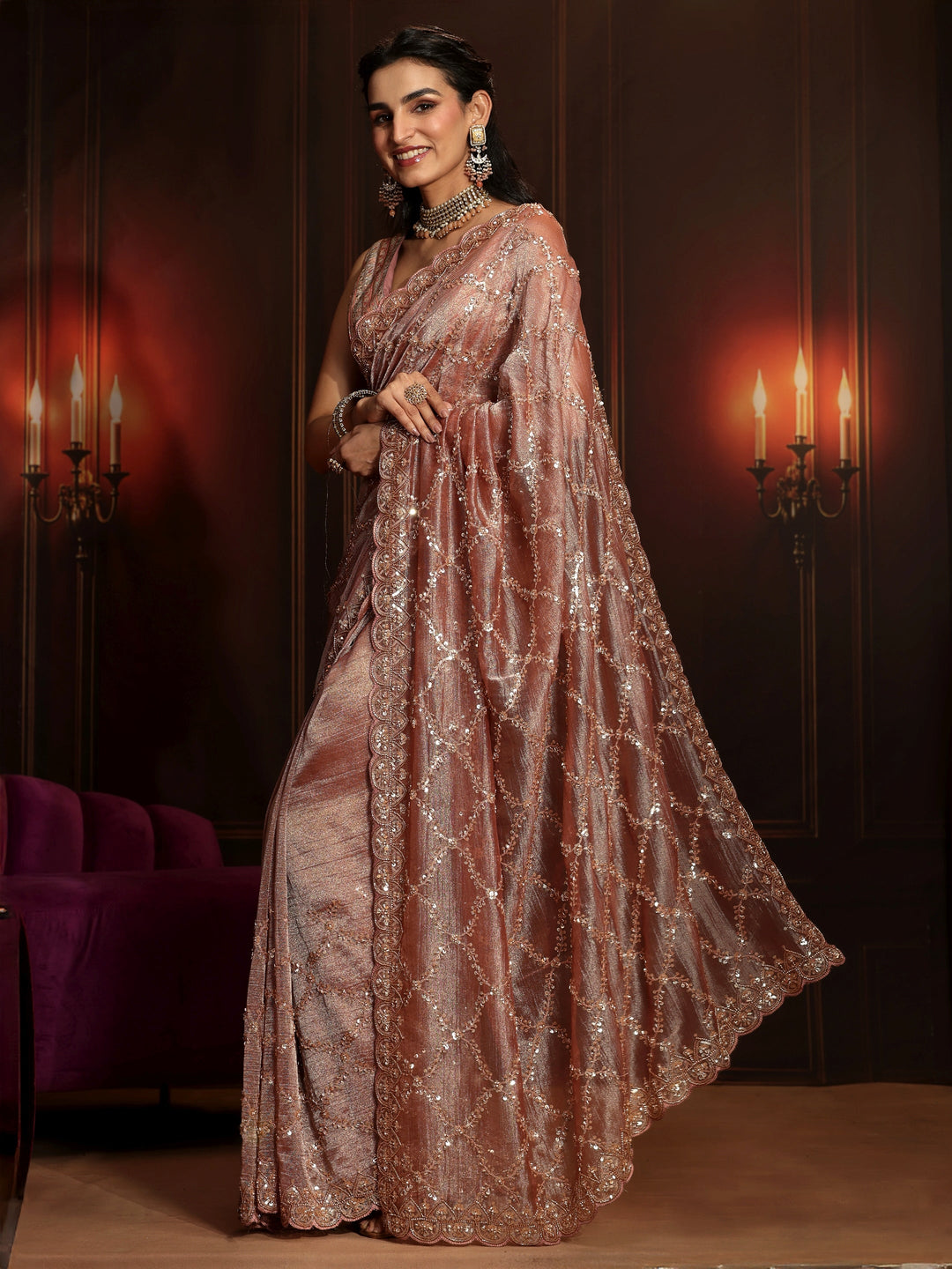  Libas Art Peach Pink Embellished Organza Saree 