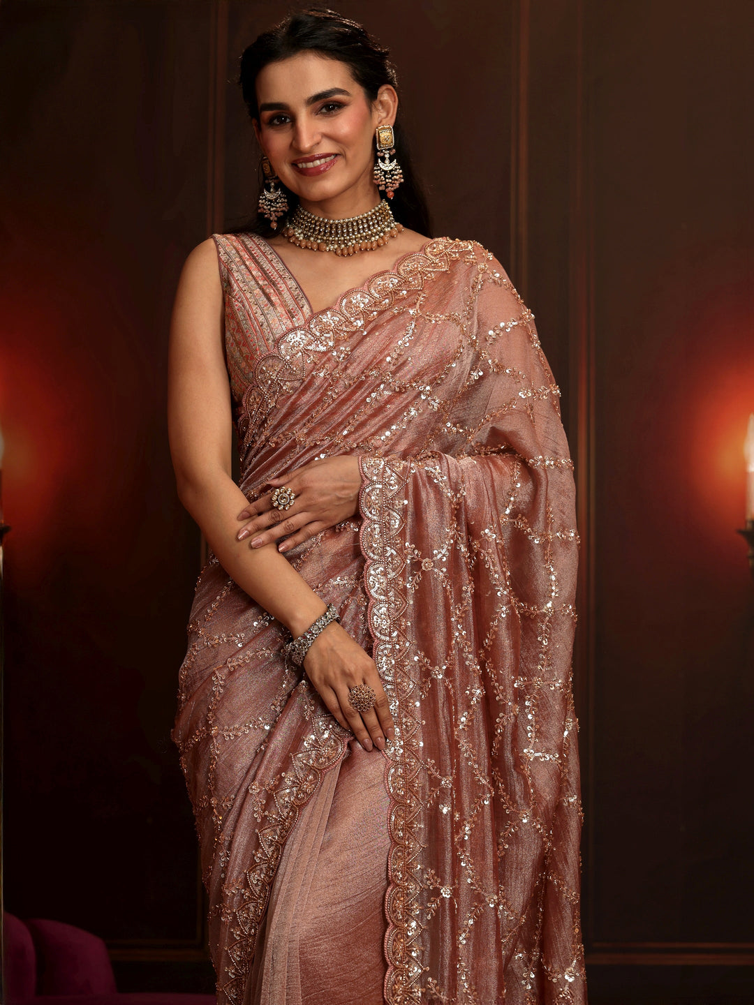  Libas Art Peach Pink Embellished Organza Saree 