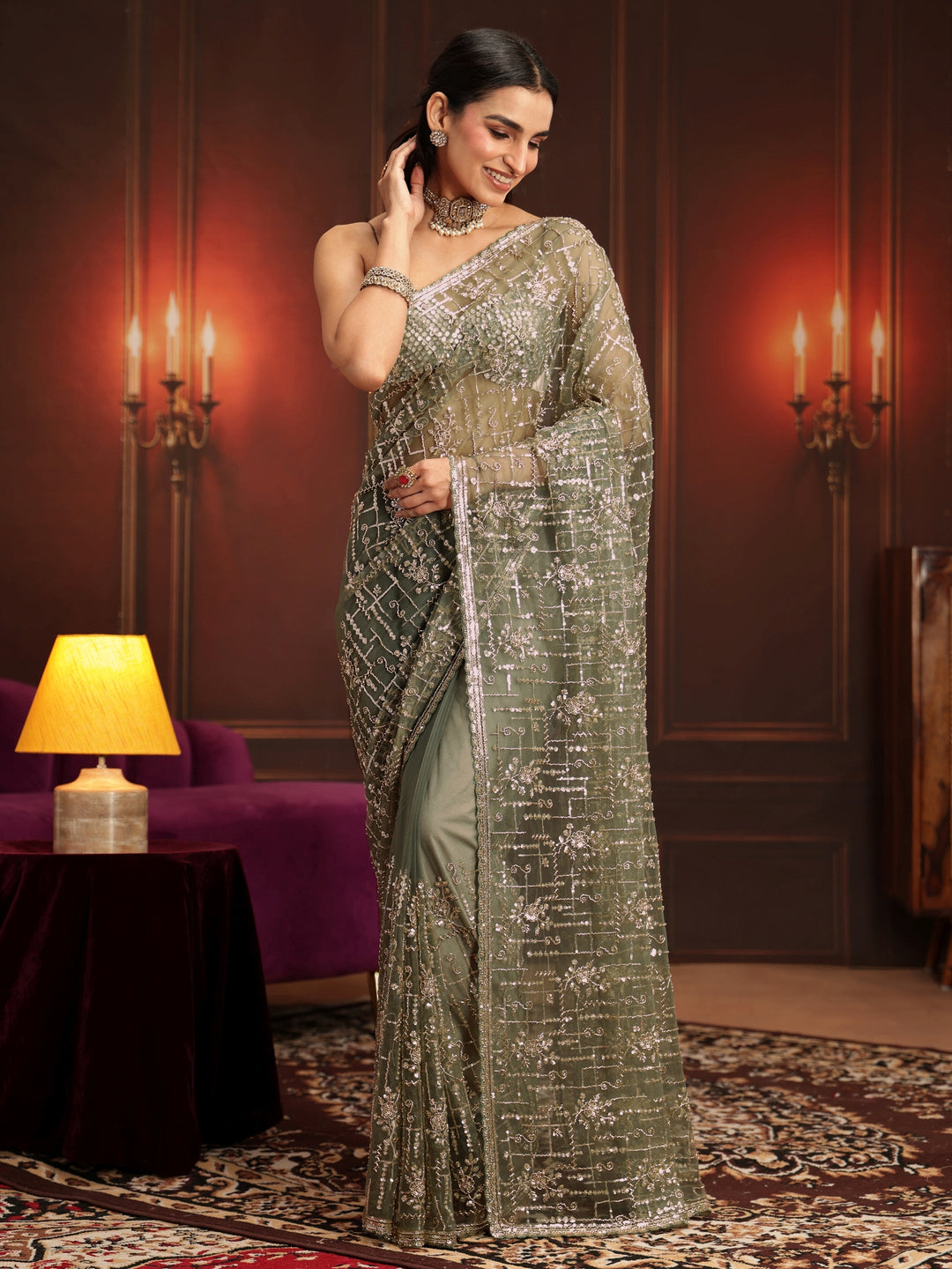  Libas Art Dusty Sage Green Embellished Net Saree 