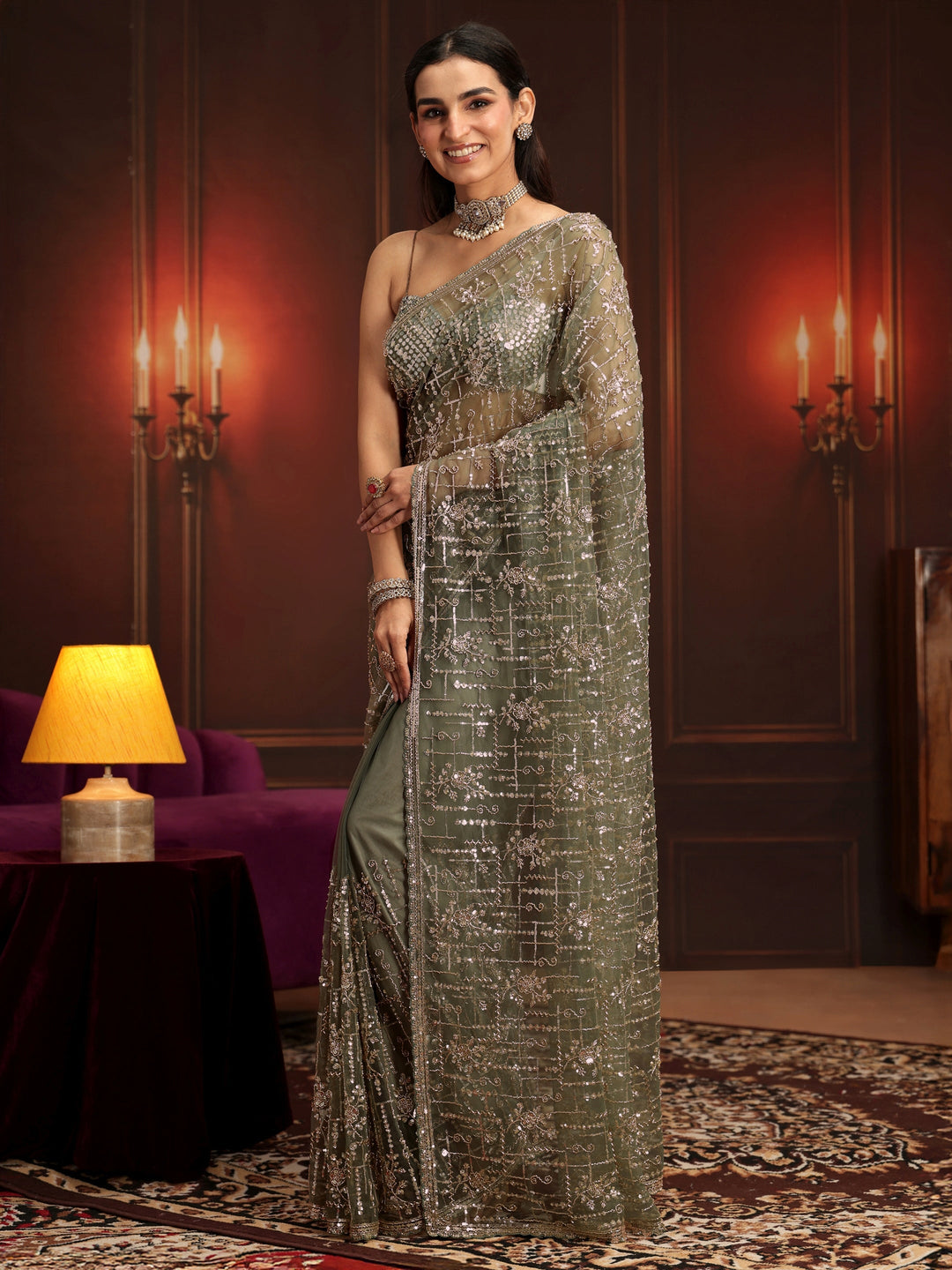  Libas Art Dusty Sage Green Embellished Net Saree 
