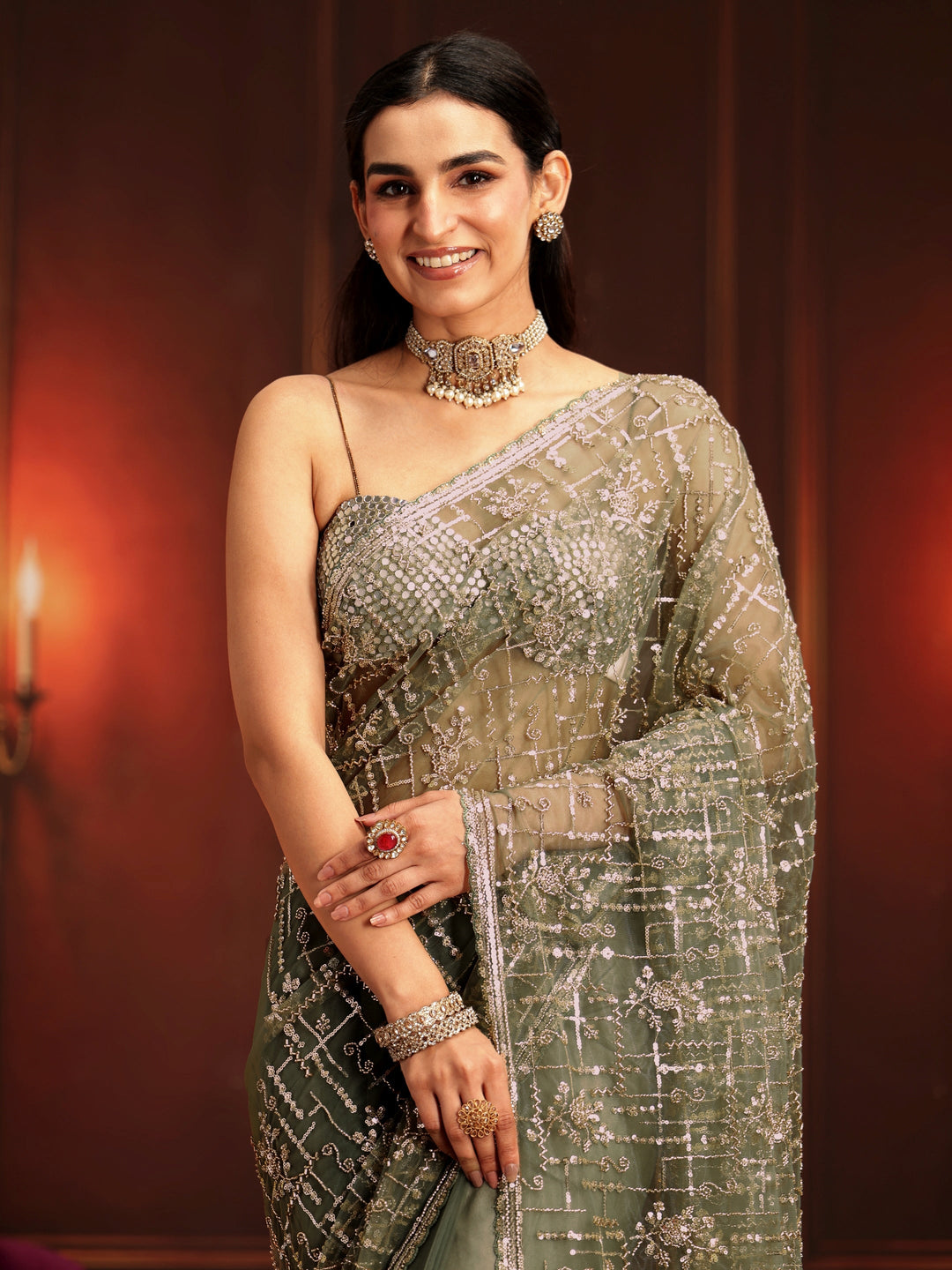  Libas Art Dusty Sage Green Embellished Net Saree 