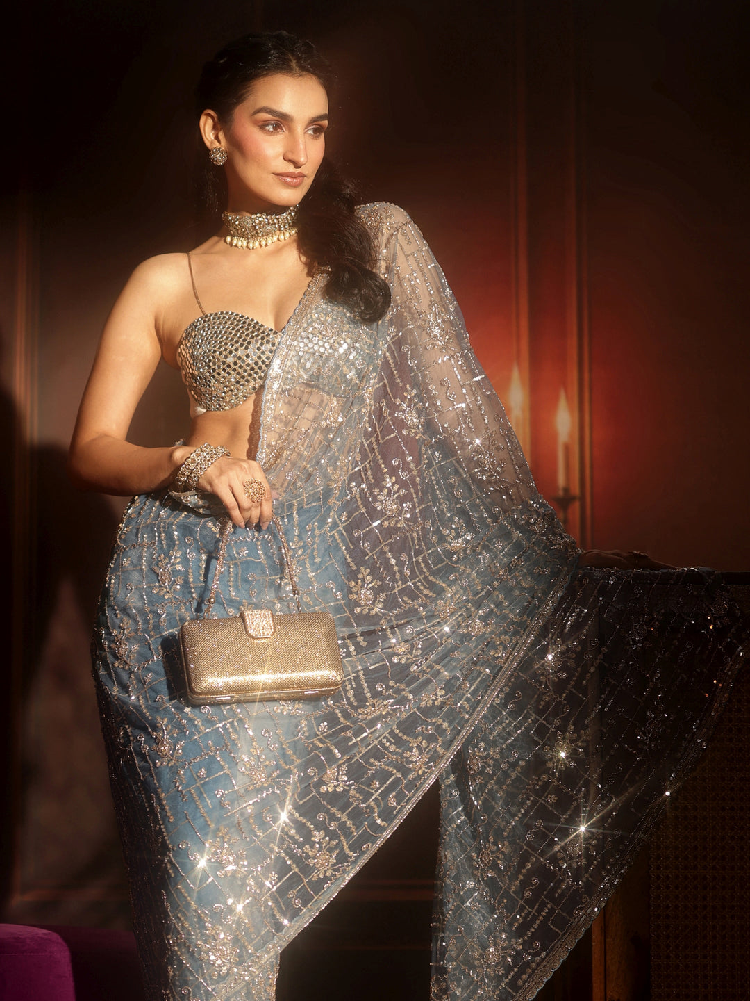  Libas Art Dusty Blue Embellished Net Saree 