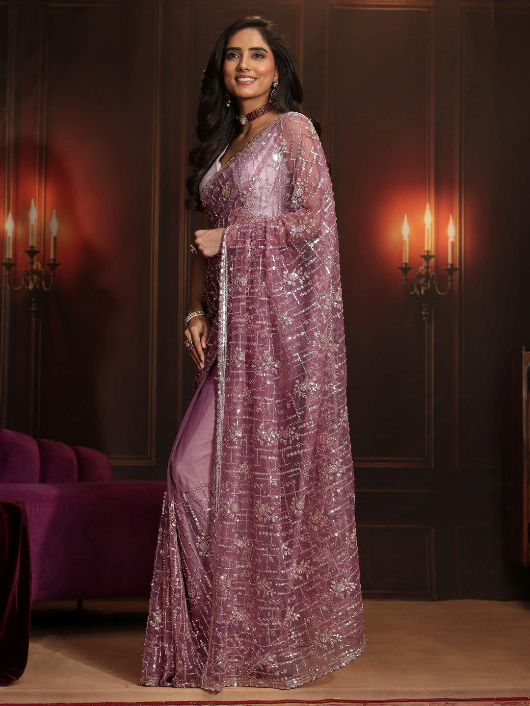  Libas Art Purple Embellished Net Saree 