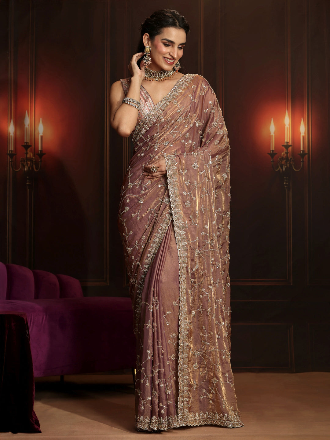  Libas Art Mauve Floral Embellished Tissue Saree 