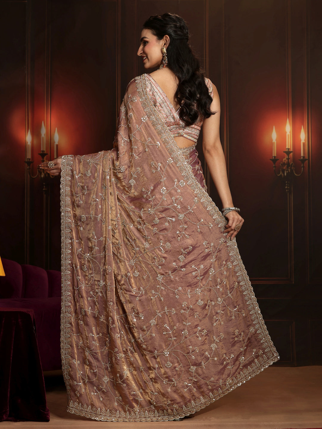  Libas Art Mauve Floral Embellished Tissue Saree 