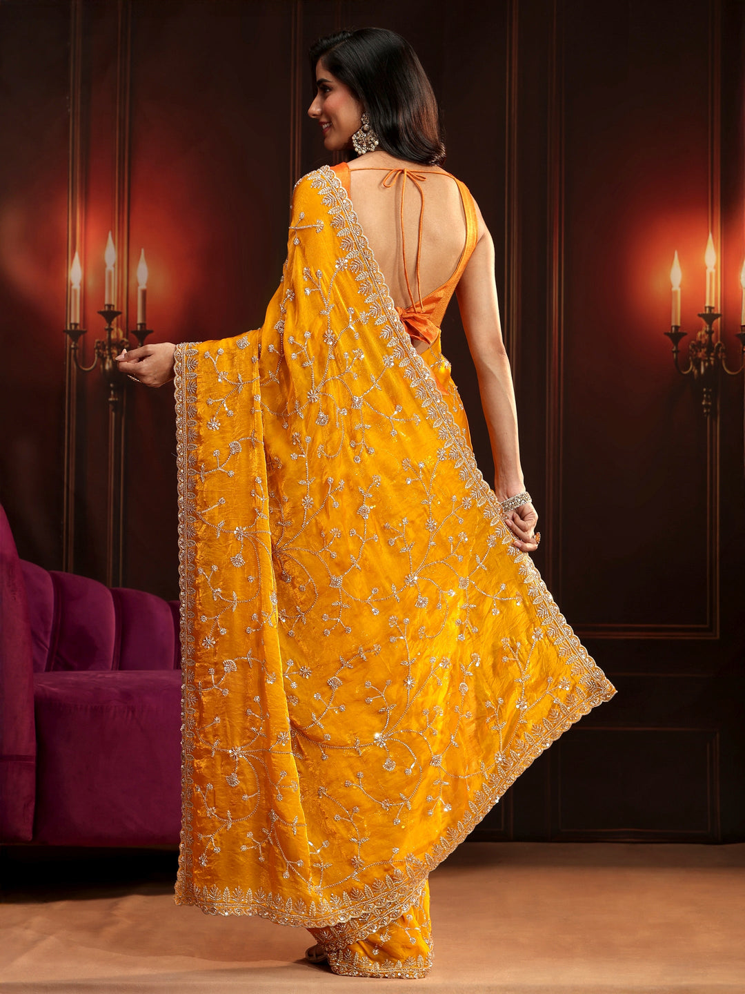  Libas Art Mustard Floral Embellished Tissue Saree 