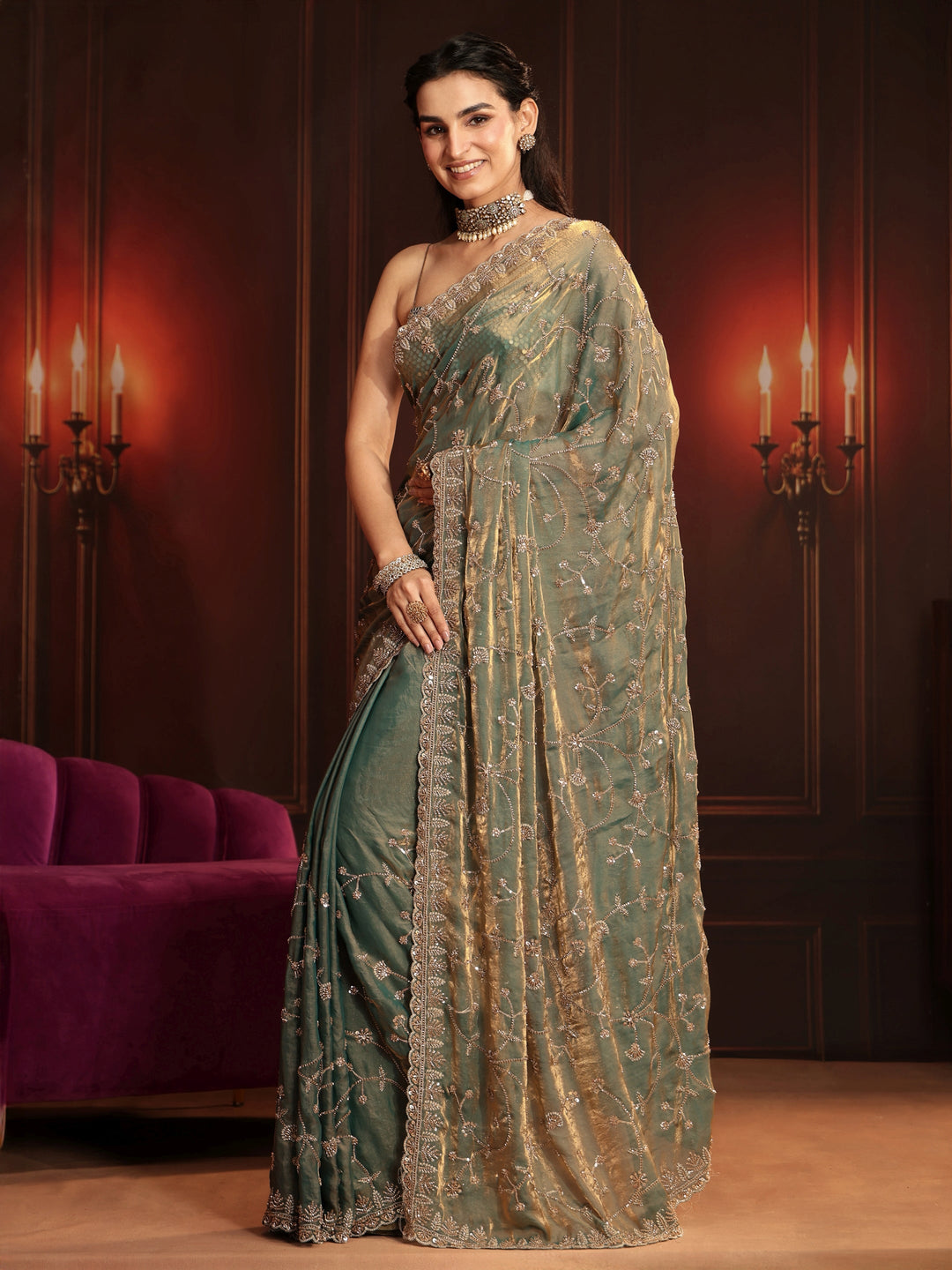  Libas Art Dusty Sea Green Floral Embellished Tissue Saree 