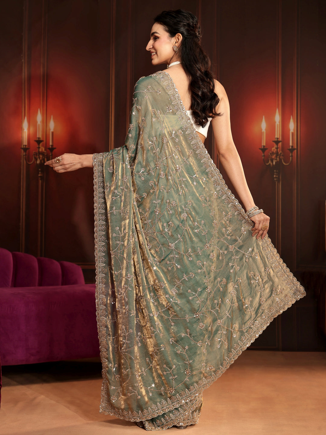  Libas Art Dusty Sea Green Floral Embellished Tissue Saree 