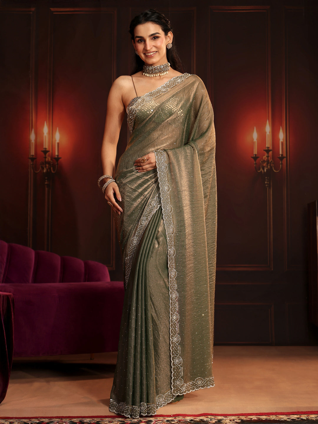  Libas Art Dusty Olive Green Embellished Tissue Saree 
