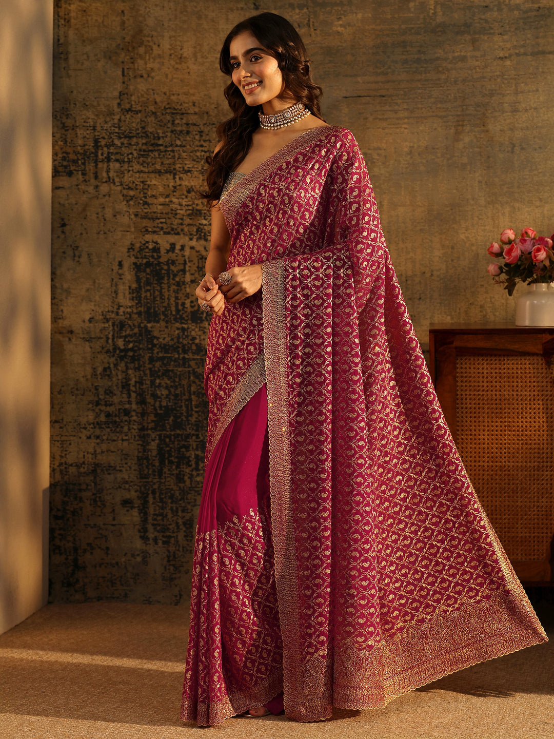  Libas Art Magenta Pink Embroidered Georgette Saree 
