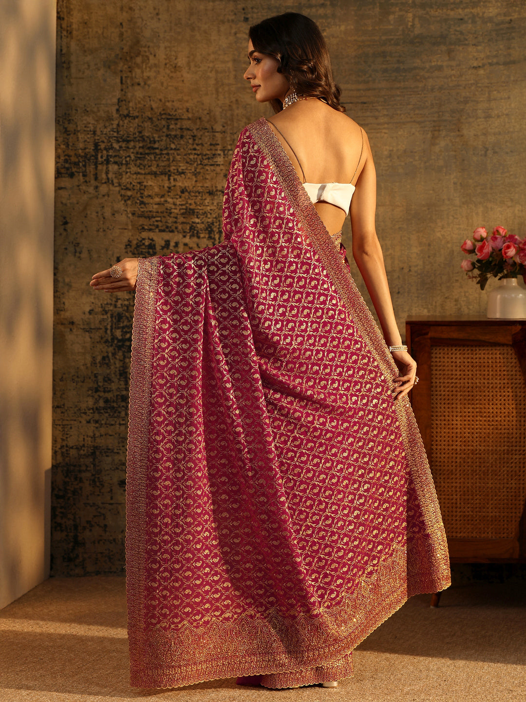  Libas Art Magenta Pink Embroidered Georgette Saree 