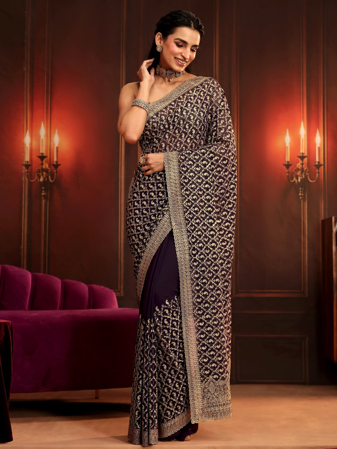  Libas Art Aubergine Purple Embroidered Georgette Saree 