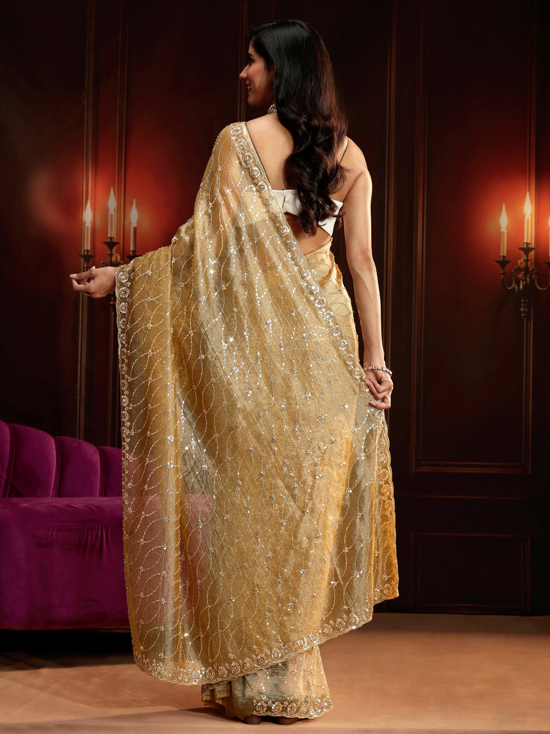  Libas Art Golden Sequin Embellished Net Saree 