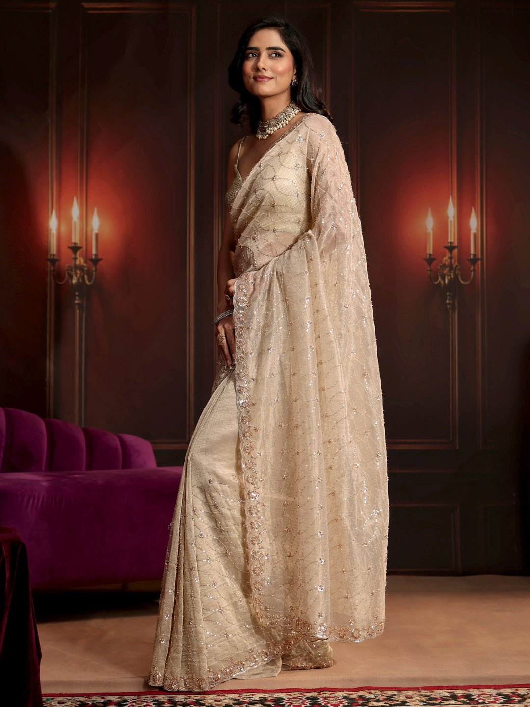  Libas Art Cream Sequin Embellished Net Saree 