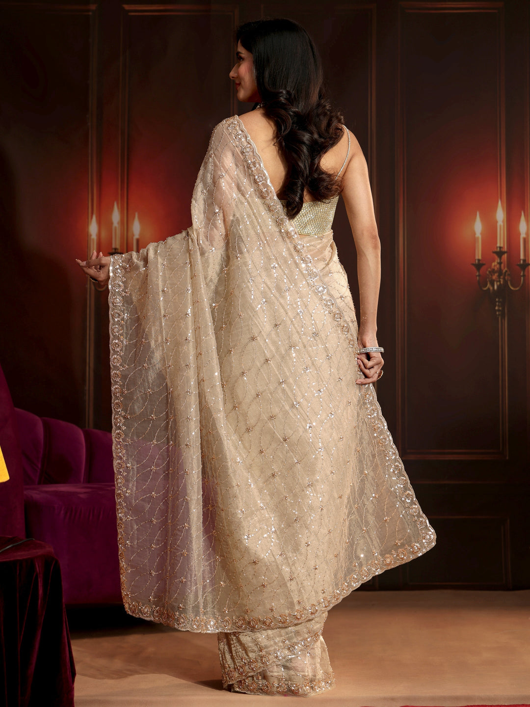  Libas Art Cream Sequin Embellished Net Saree 
