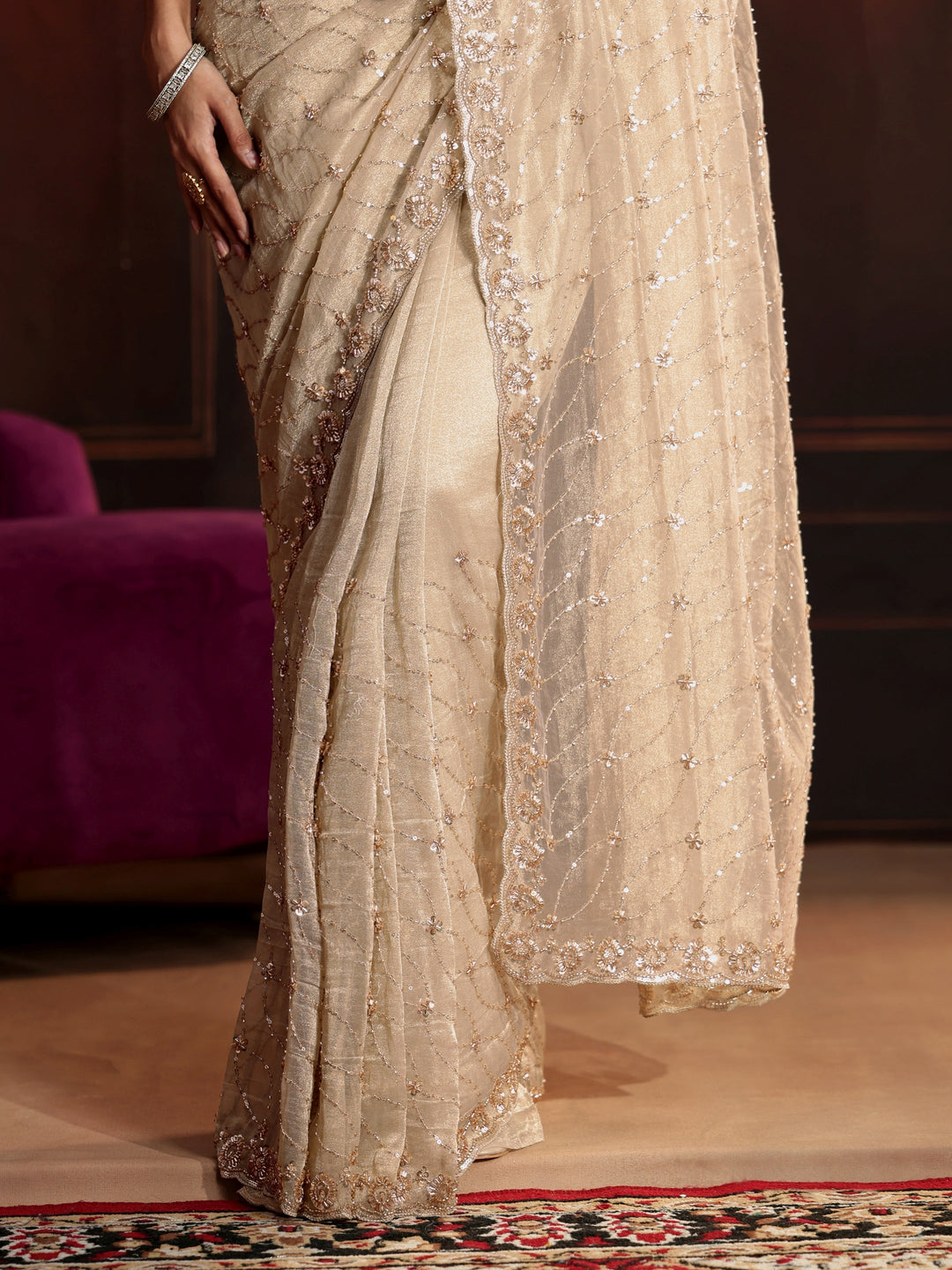  Libas Art Cream Sequin Embellished Net Saree 