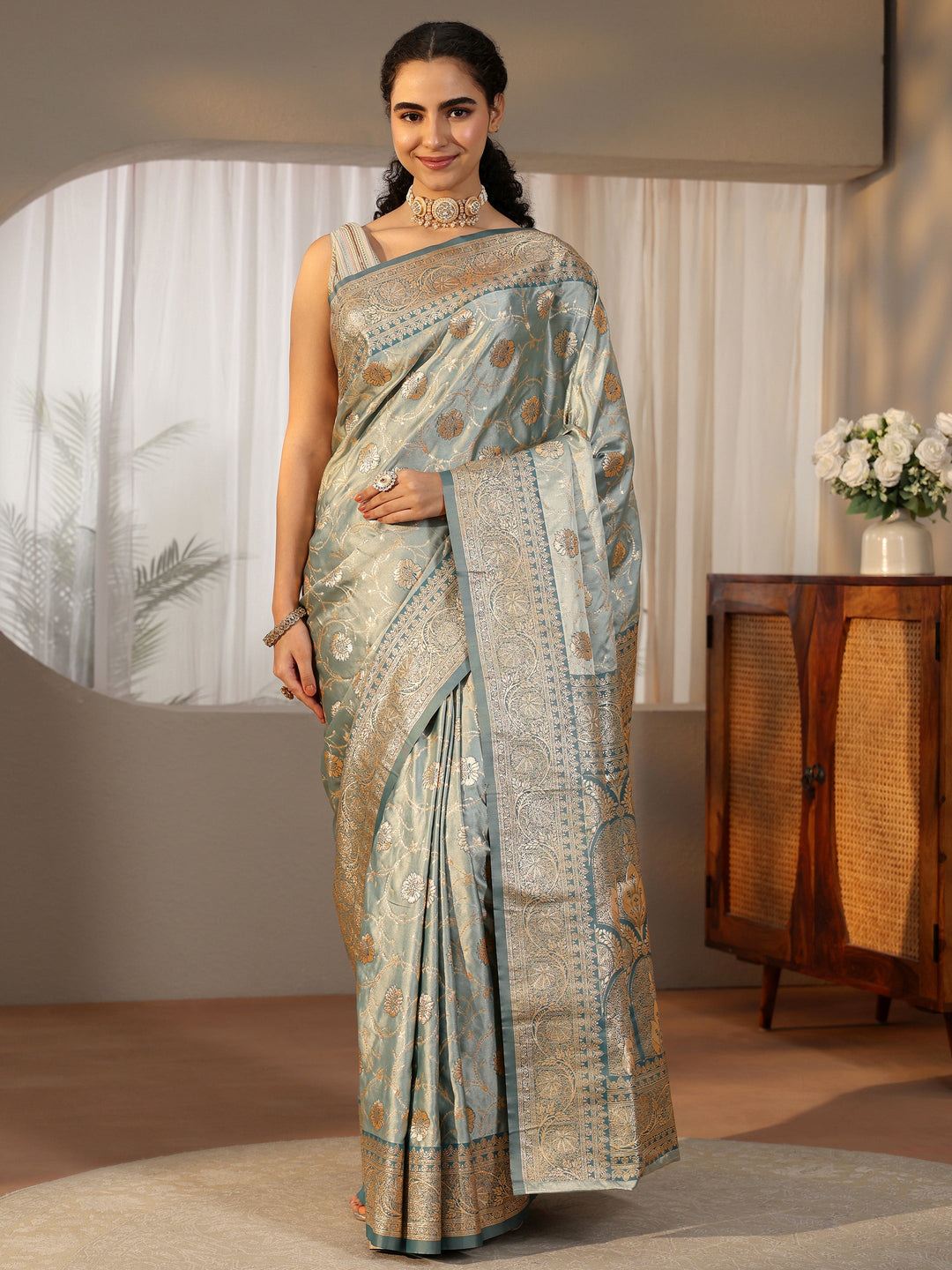  Libas Dusty Blue Banarasi Satin Saree 