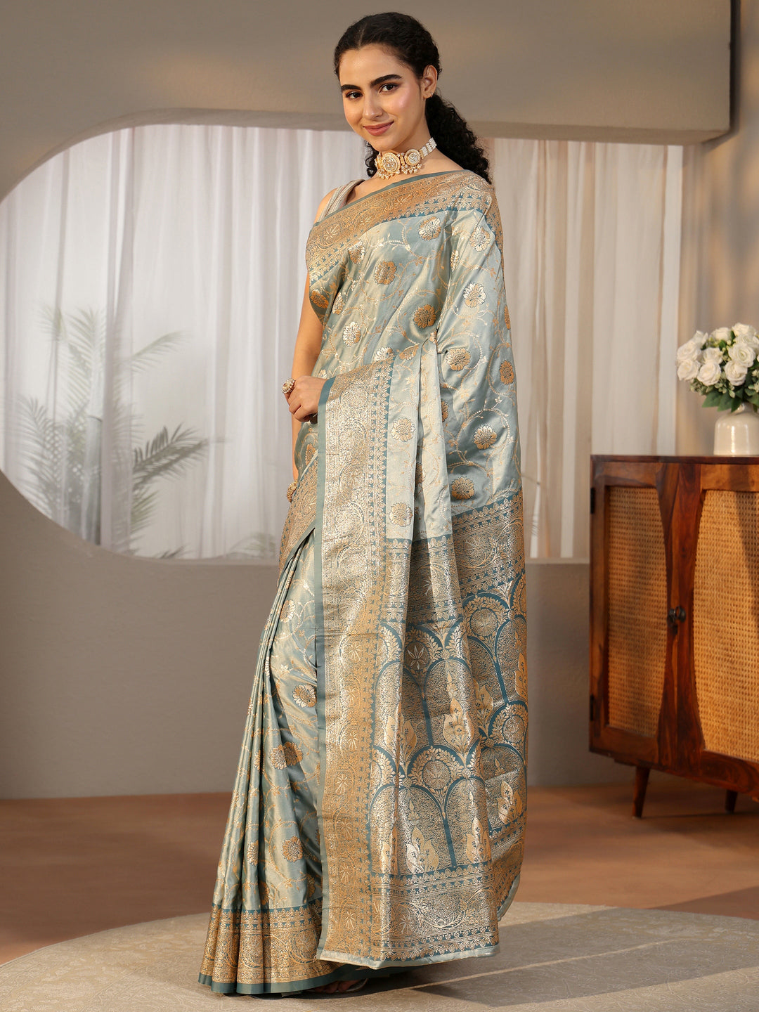  Libas Dusty Blue Banarasi Satin Saree 