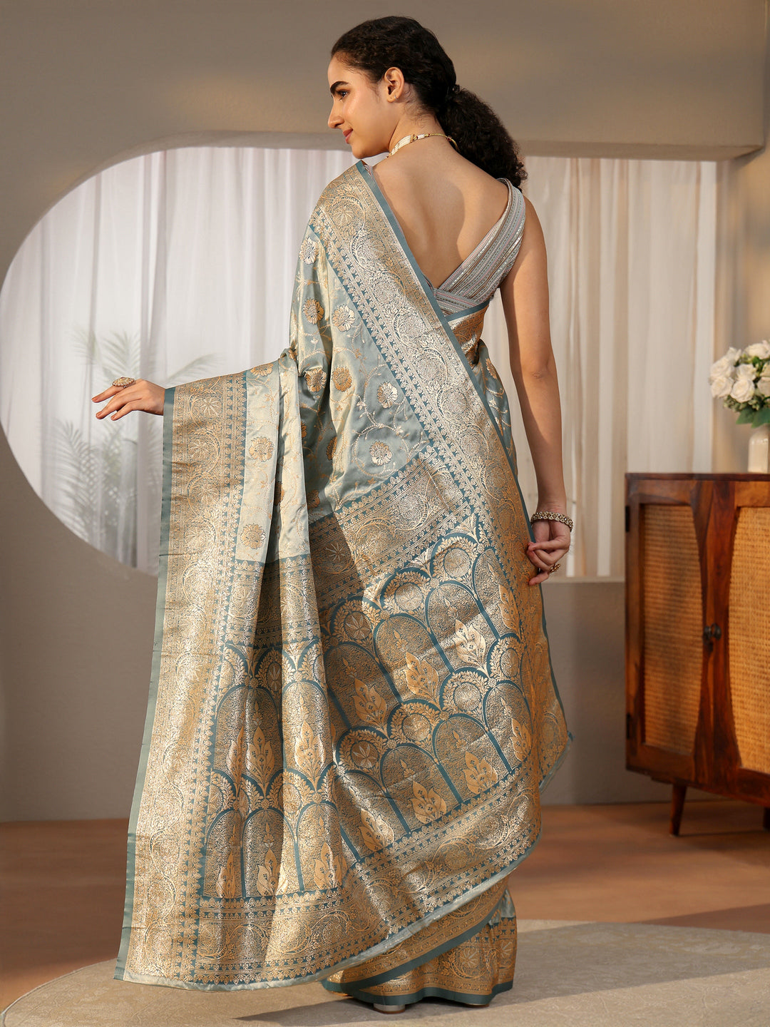  Libas Dusty Blue Banarasi Satin Saree 
