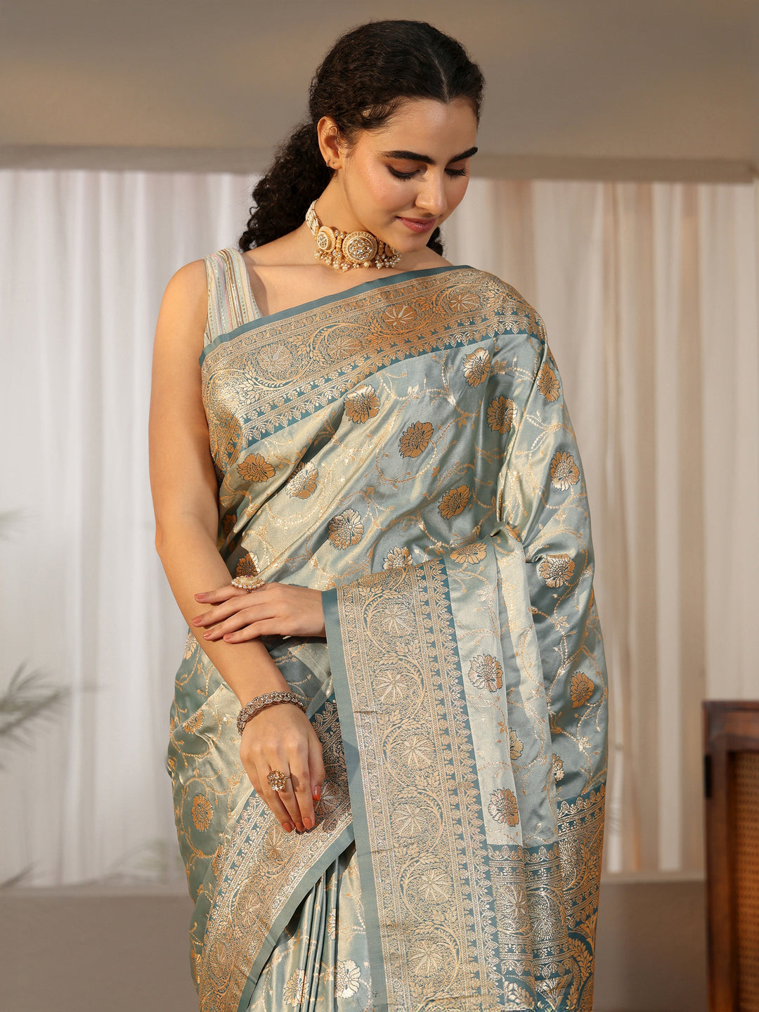  Libas Dusty Blue Banarasi Satin Saree 
