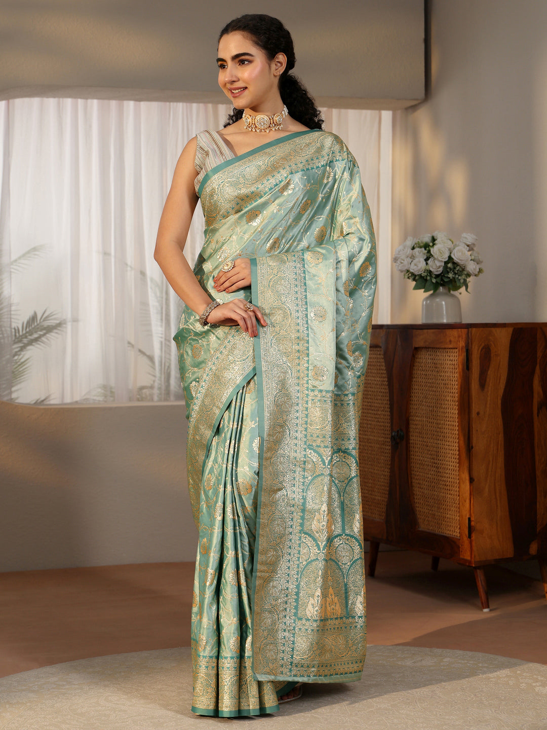  Libas Sea Green Banarasi Satin Saree 