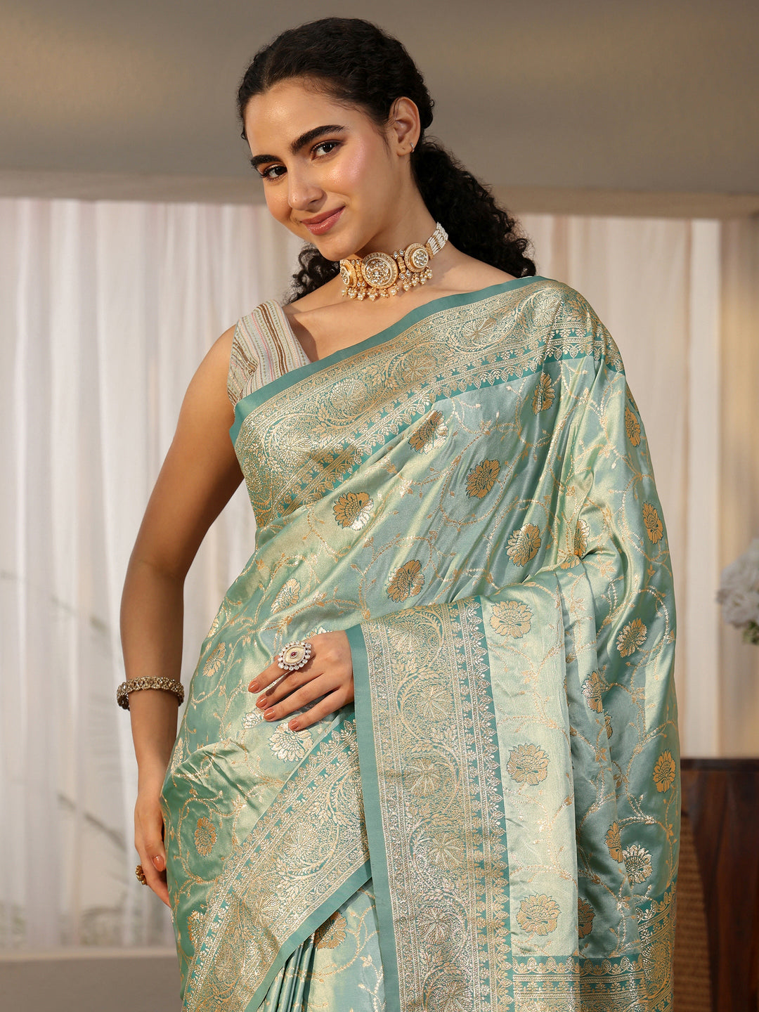  Libas Sea Green Banarasi Satin Saree 