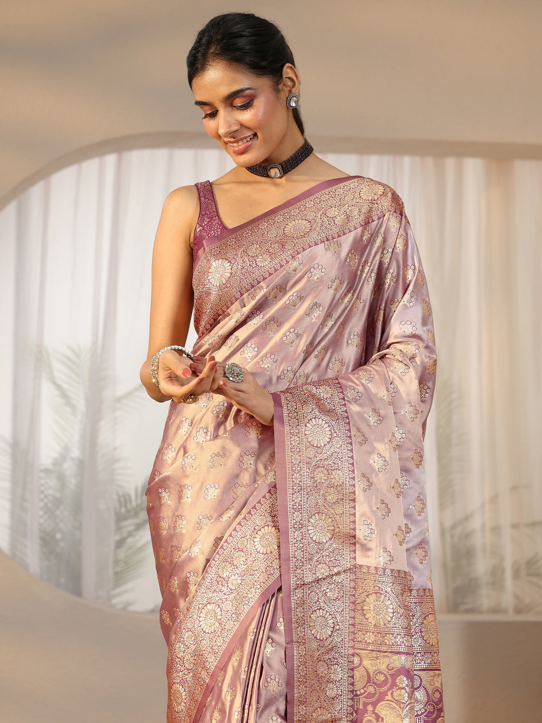  Libas Dusty Lilac Banarasi Satin Saree 