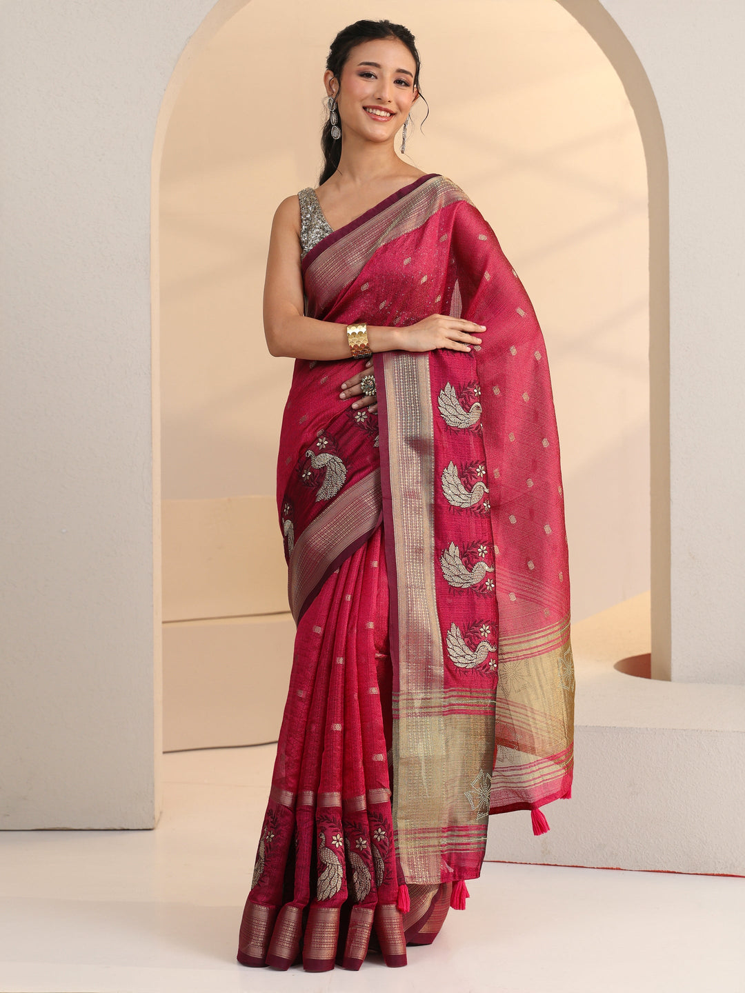  Libas Cranberry Pink Peacock Motif Chanderi Silk Saree 
