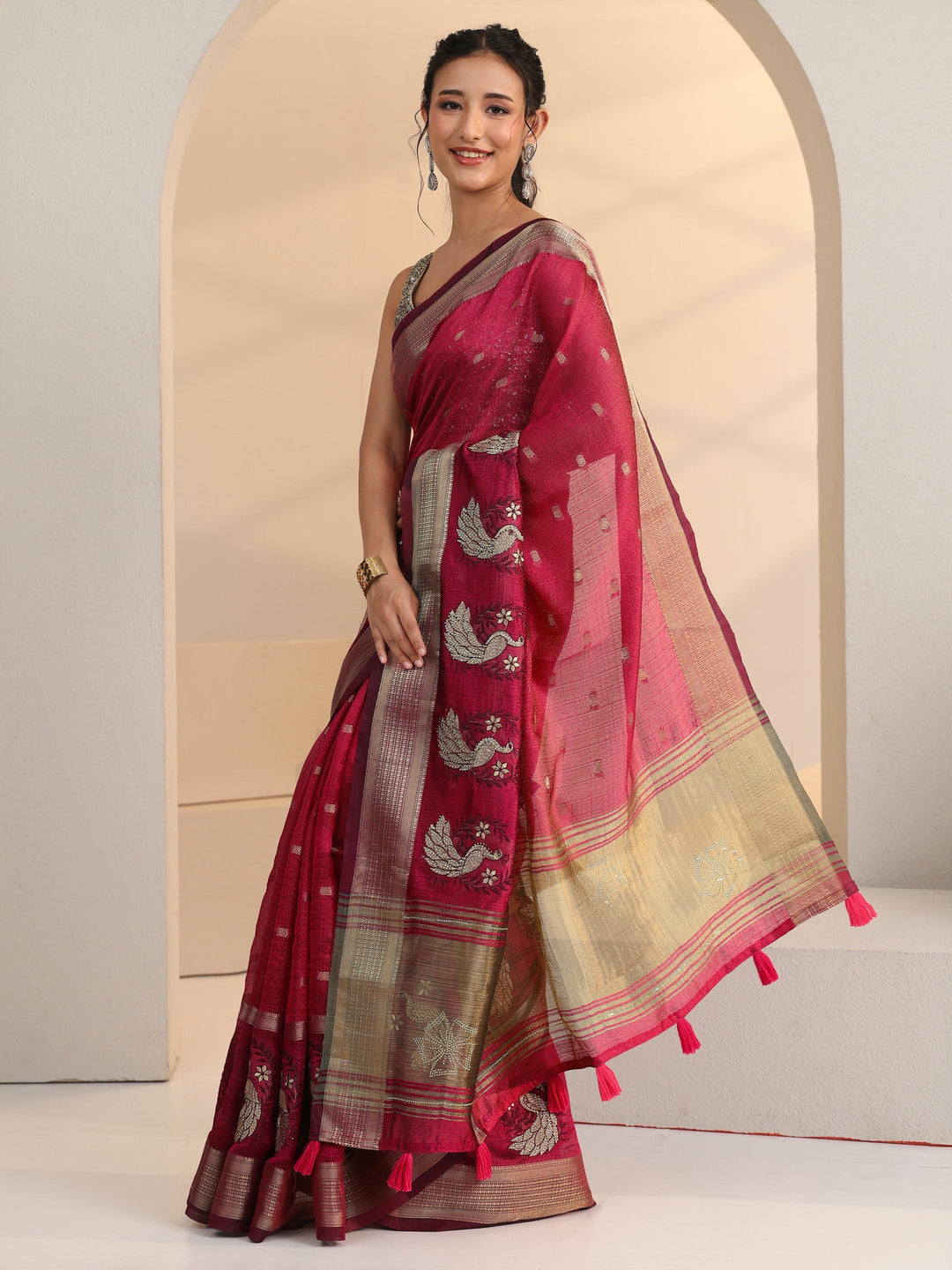  Libas Cranberry Pink Peacock Motif Chanderi Silk Saree 